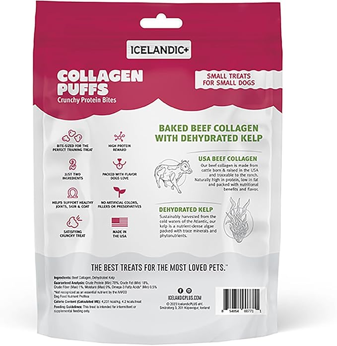 Icelandic+ Collagen Puffs: Baked Beef Collagen with Dehydrated Kelp 1.3oz - Small Dog Treats, Crunchy Protein Bites (Pack of 2)