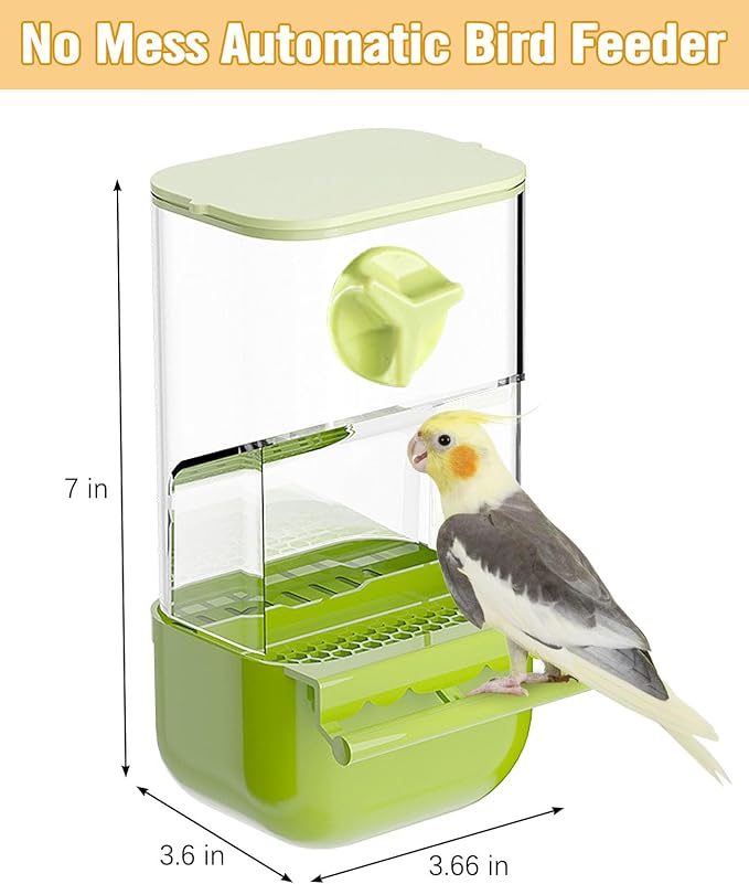 BNOSDM No Mess Bird Cage Feeders Automatic Bird Feeder Parrot Cage Accessories Transparent Seed Food Container with Perch for Finches, Parakeets, Budgies, Lovebirds, Cockatoos, Canaries (Green)