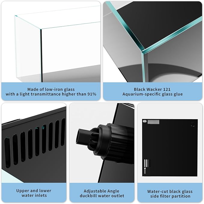 Ultra Clear Rimless Aquarium Tank gallons Low Iron Glass Side Filtration + Anti-Jumping net (40Gal)