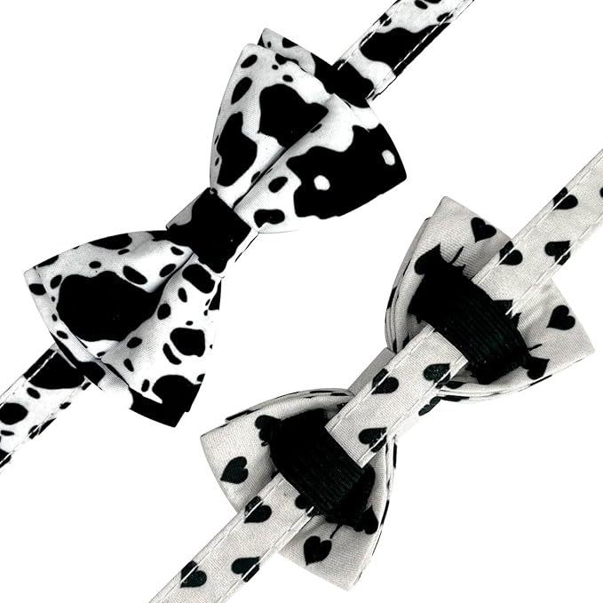 2 Pack Cotton Cat Collar with Bow Tie and Bell for Male Female Cats,Soft Fancy Breakaway Kitty Kitten Collar with Ghost& Pumpkin Patterned Design for Boy Girl Cats. (Cow&Heart)