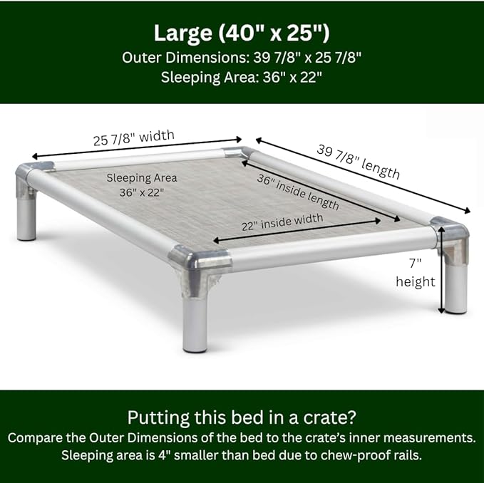 Kuranda Chewproof Elevated Pet Bed - Silver Aluminum - 40" x 25" - Sunsure Textilene - Birch