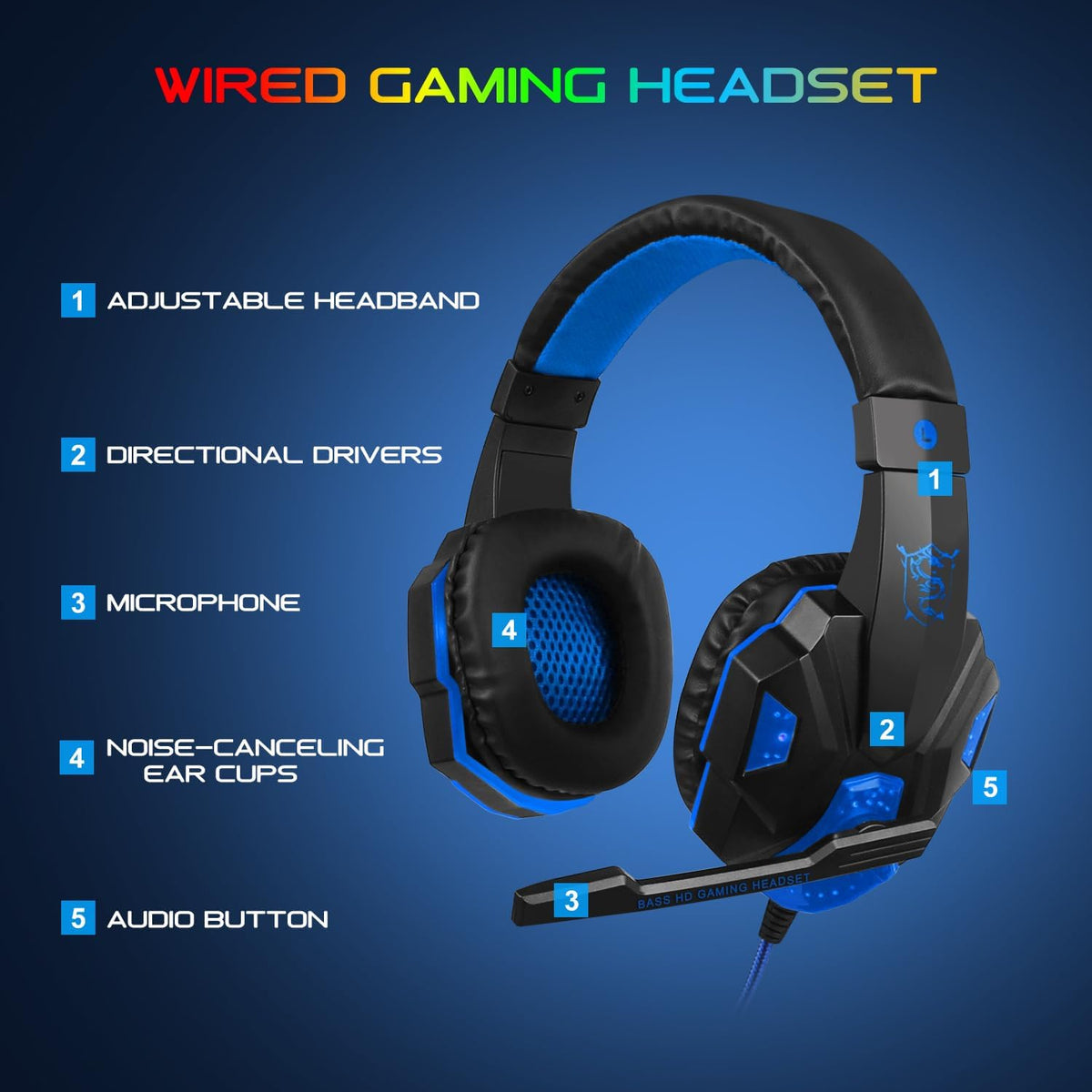 BlueFinger Backlit Gaming Keyboard, Mouse and LED Headset Combo - USB Wired 3 Color Crack Backlit, Blue LED Light Headset - Set for Work and Game