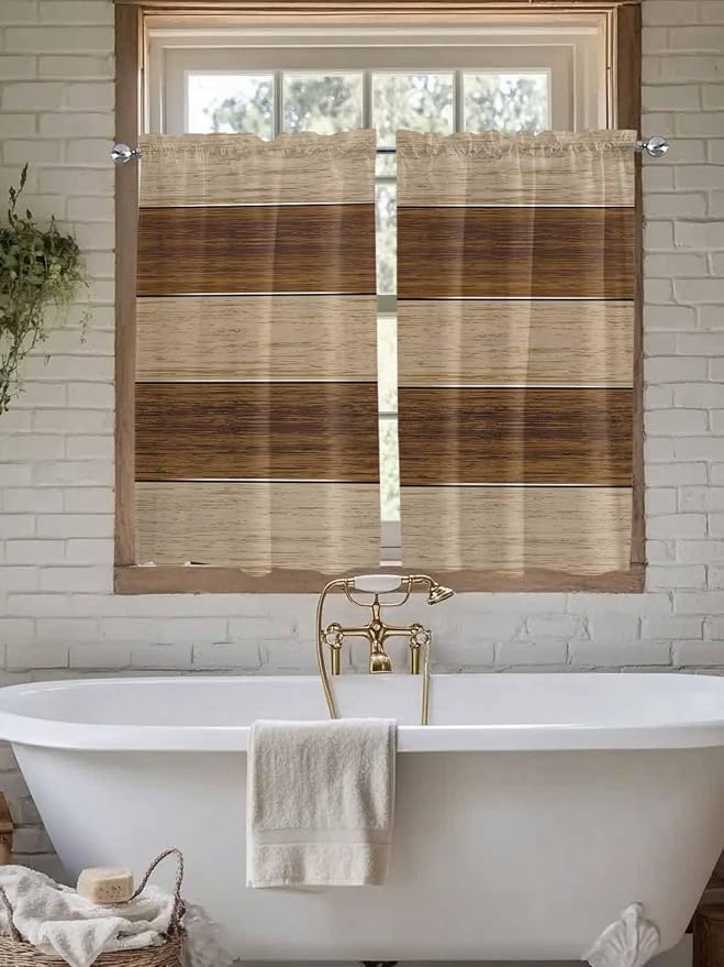 Retro Country Brown Wooden Board Window Valance Curtains, Farmhouse Gradient