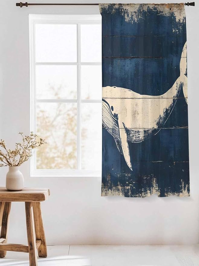 Sheer Curtains 63 Inch Length, Ocean Whale Blue Semi Sheer Curtains Light