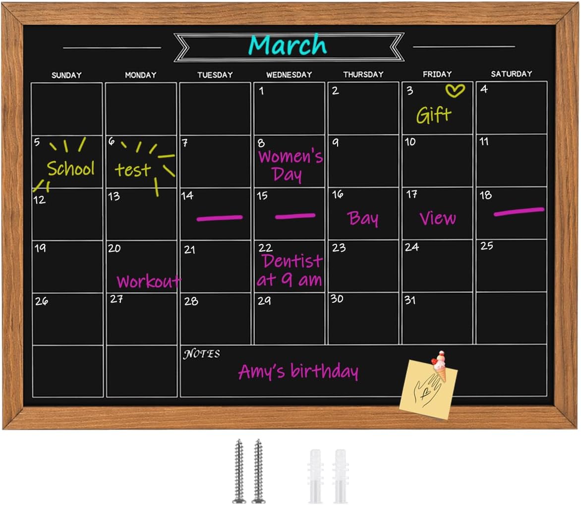 Magnetic Chalkboard Calendar, Rustic Brown Frame, 32" x 24"