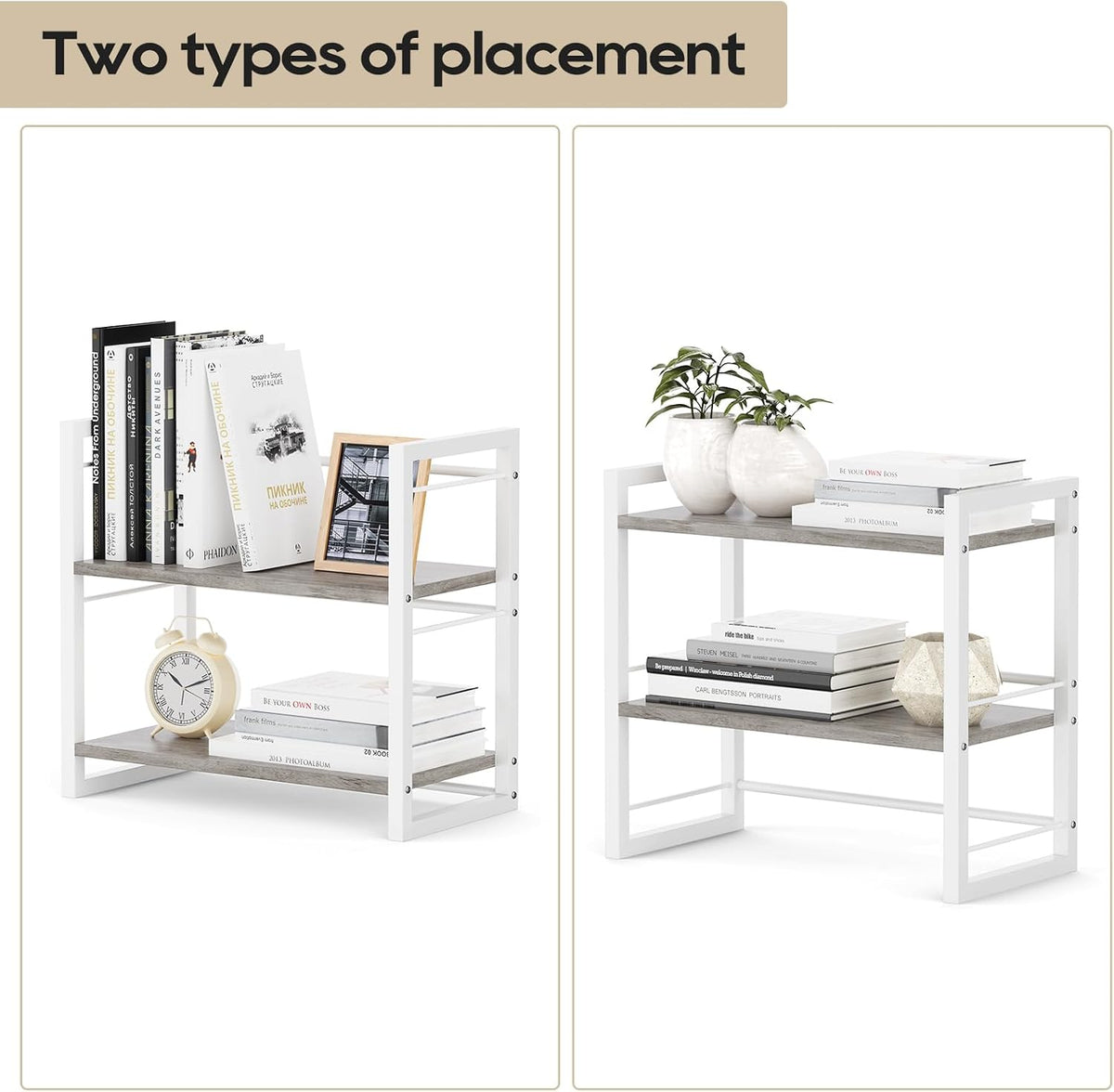 Office Desk Shelf Organizer, Wood Desktop Bookshelf Supplies Storage Rack, Shelf for Top of Desk and Dresser (Grey-2 Tier)