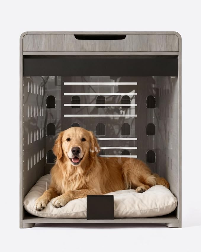 Modern Dog Crate Furniture with Charging Station Large Kennel Indoor with Flip-up Hidden Acrylic Door for Large and Medium Breeds up to 110lb Wood Pet End Side Table Cage, Grey