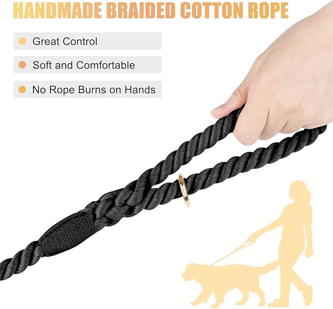 Dog Leash 6 FT Handmade Braided Cotton Rope Leashes for Small Medium and Large Dogs, New Golden Heavy Duty Metal Clasp, Black