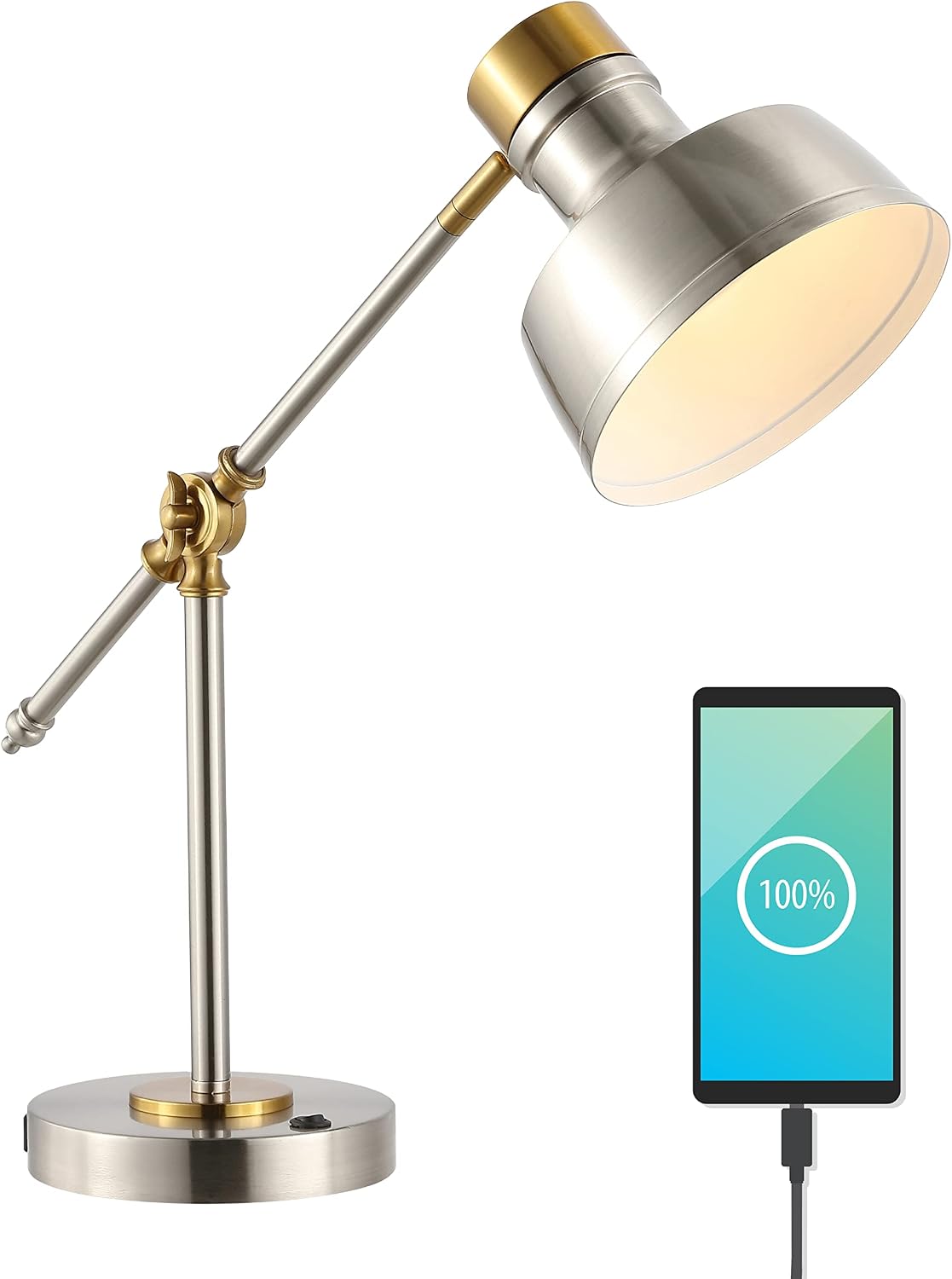JONATHAN Y Allegra Metal Task Desk Lamp USB Port 18.5", Nickel/Brass Gold