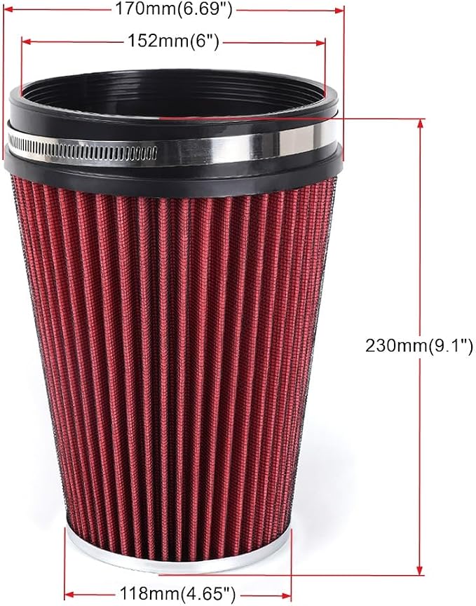 6" Inlet Cold Air Intake Filter Cone Replacement Performance Washable Clamp-On