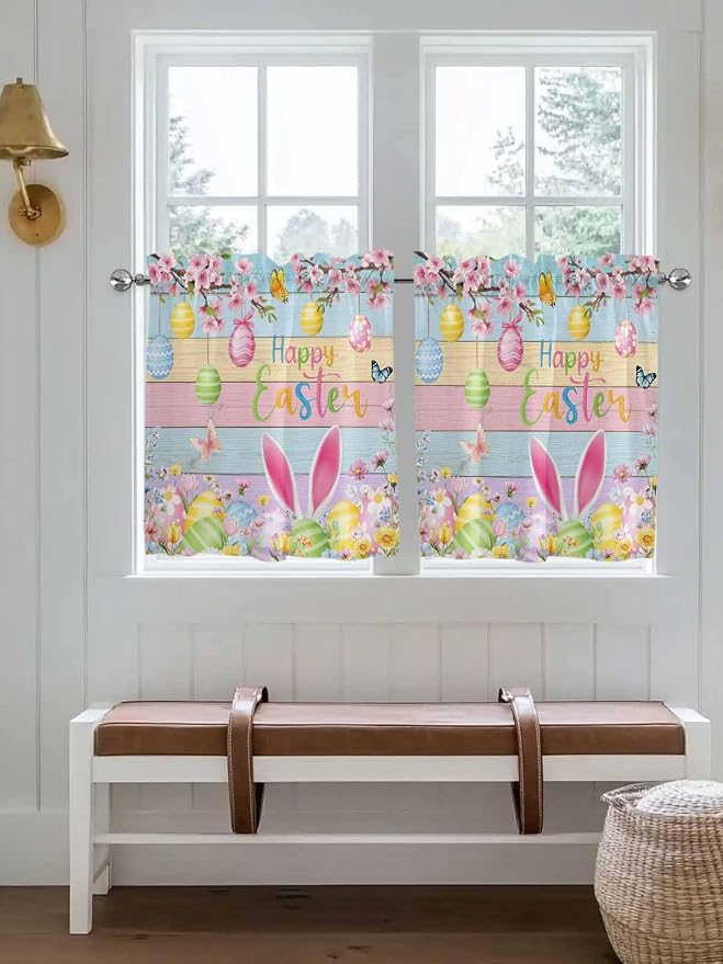 Colorful Easter Half Window Curtain 36 Inches Long, Spring Watercolor Bunny Egg