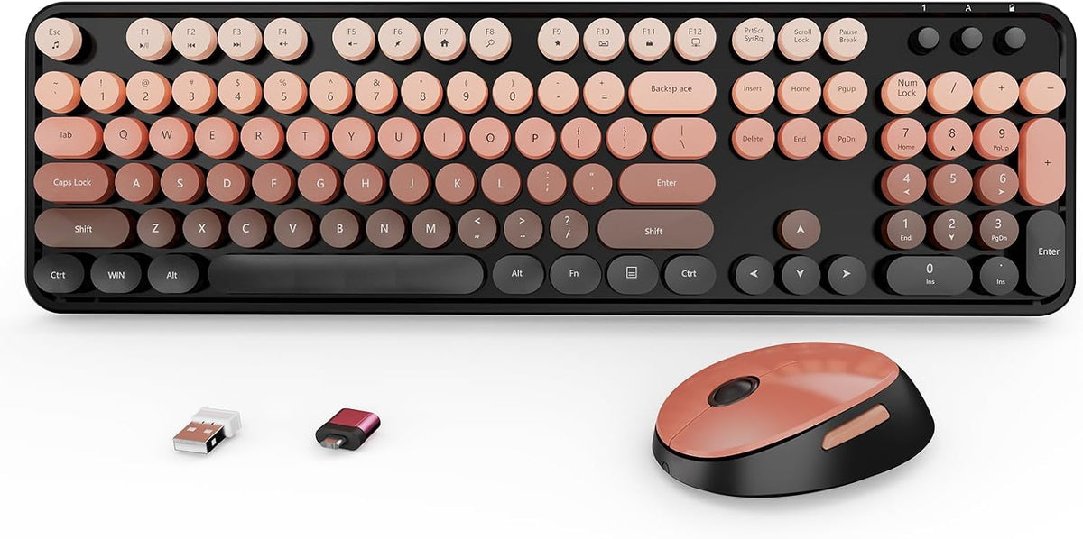 Nowlike Wireless Keyboard and Mouse Combo, Retro Typewriter Keyboard with Round Keycaps, Full-Size Ergonomic, Red, Ideal for Windows PC, Home, Office, and College, Wireless Keyboard Mouse Combo