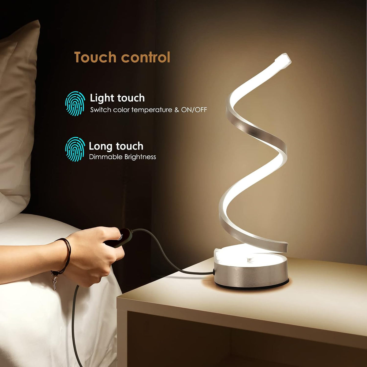 NUÜR Silver Infinity Spiral LED Table Lamp, Dimmable Bedside Lamp