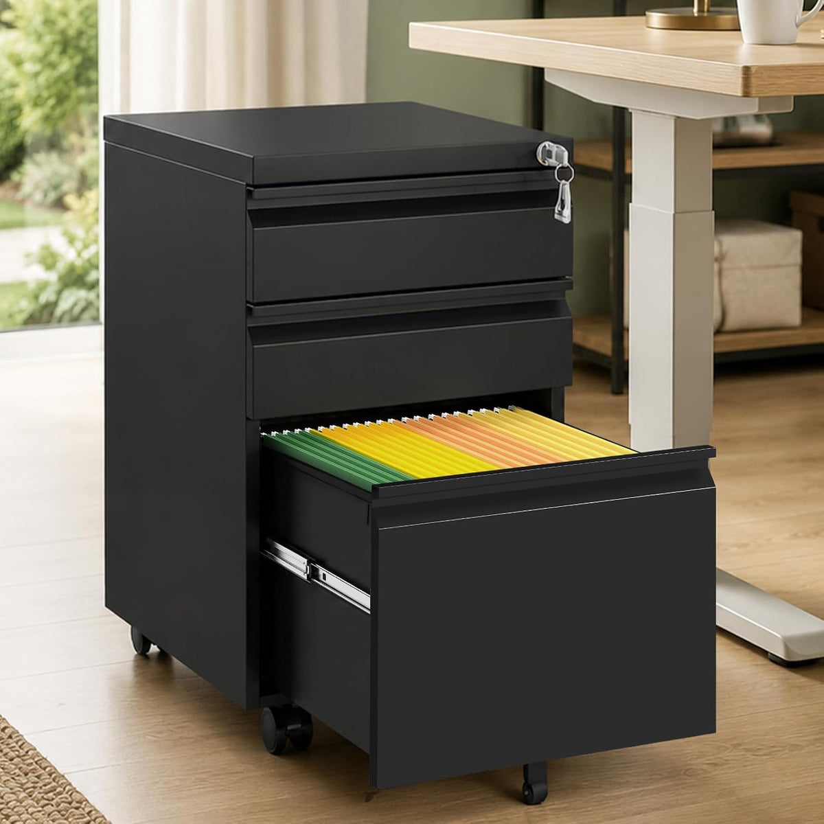 3 Drawer Metal File Cabinet with Lock & Rolling Casters
