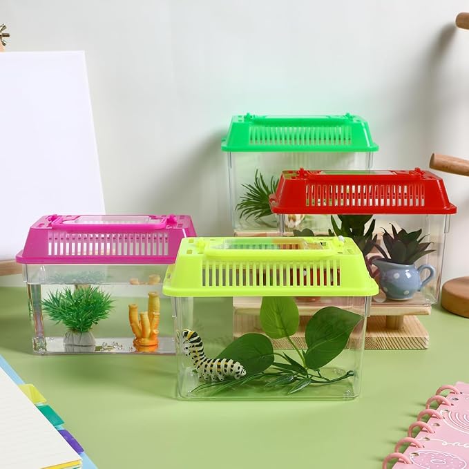 POPETPOP 4 Pcs Small Fish Tank: Plastic Goldfish Breeding Tank with Handle - Portable Mini Aquarium for Shrimp Turtle Shrimp Goldfish Tadpole (Random Color)