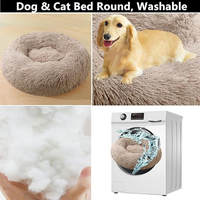 Calming Large Dog Bed & Cat Bed, 43 Inch Anti-Anxiety Donut Dog Cuddler Cat Bed, Warming Cozy Soft Dog Round Bed, Fluffy Faux Fur Machine Washable Pet Cushion for Medium Dogs & Cats (Yellow White)