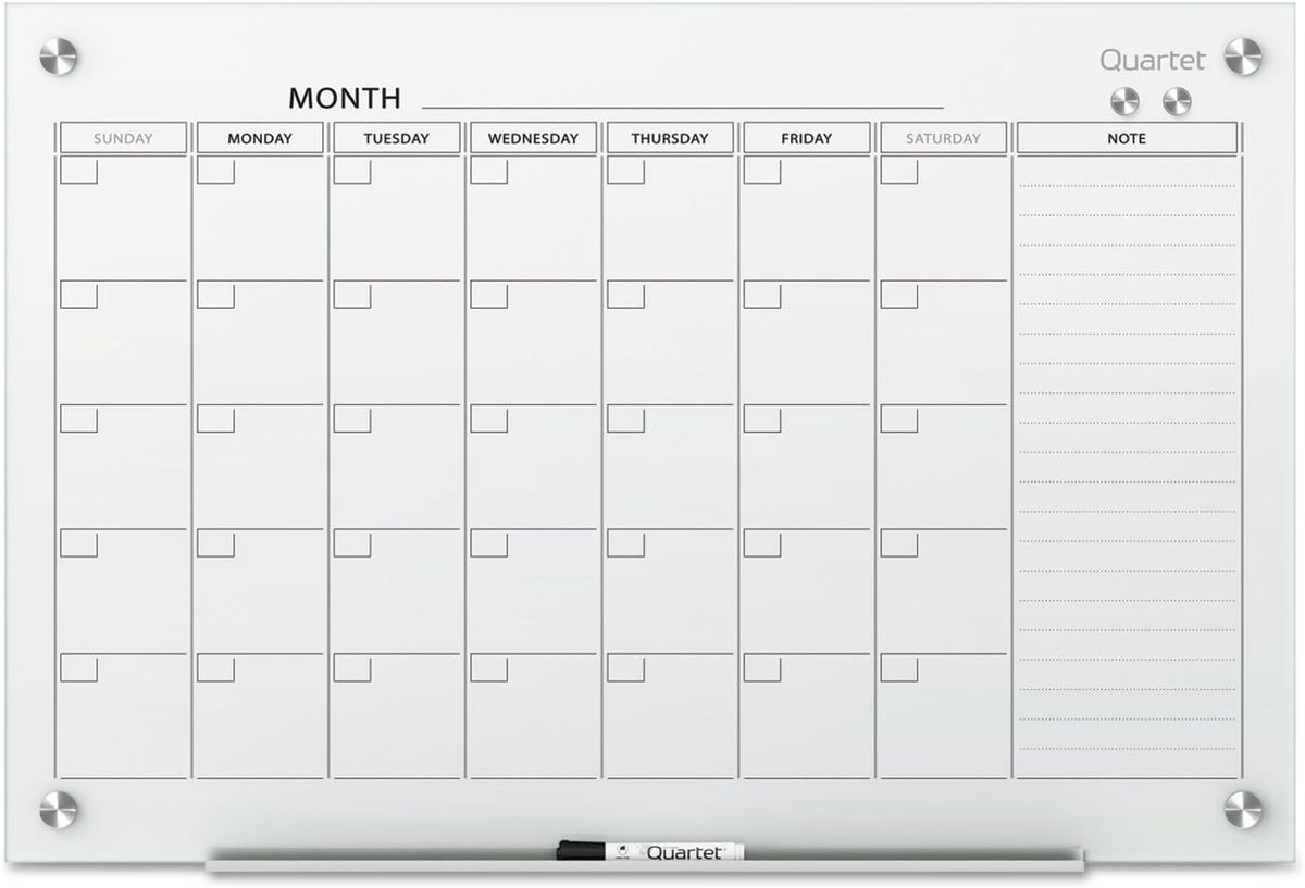 Quartet Dry Erase White Board 48"W x 36"H Glass Calendar, Magnetic Planning Board, White (GC2418F)