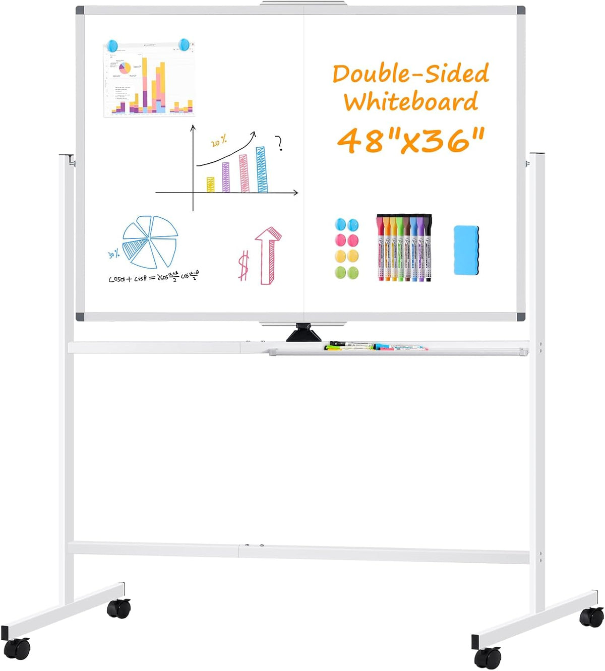 Rolling Dry Erase Whiteboard with Stand, 48" x 36" White Board on Wheels