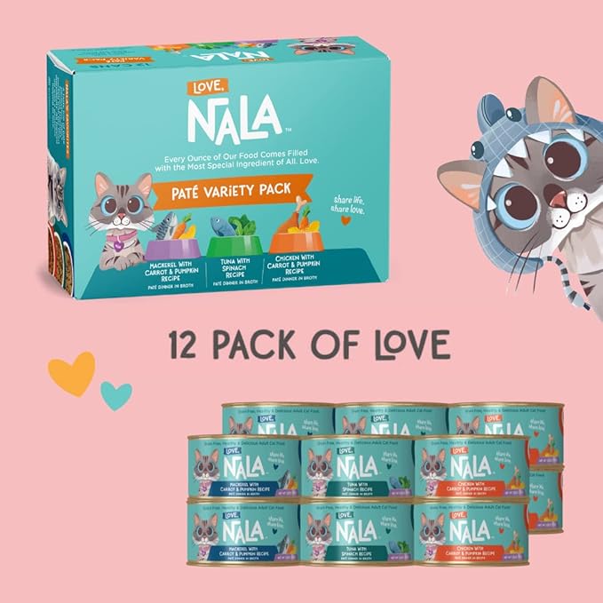 LOVE, NALA - Natural Adult Cat Wet Food - Pate Variety Pack - Tuna, Chicken, Tuna and Salmon - Grain Free, Non-GMO, Fiber Blend, Minerals, Vitamins - 12 Pack 2.1 lbs.