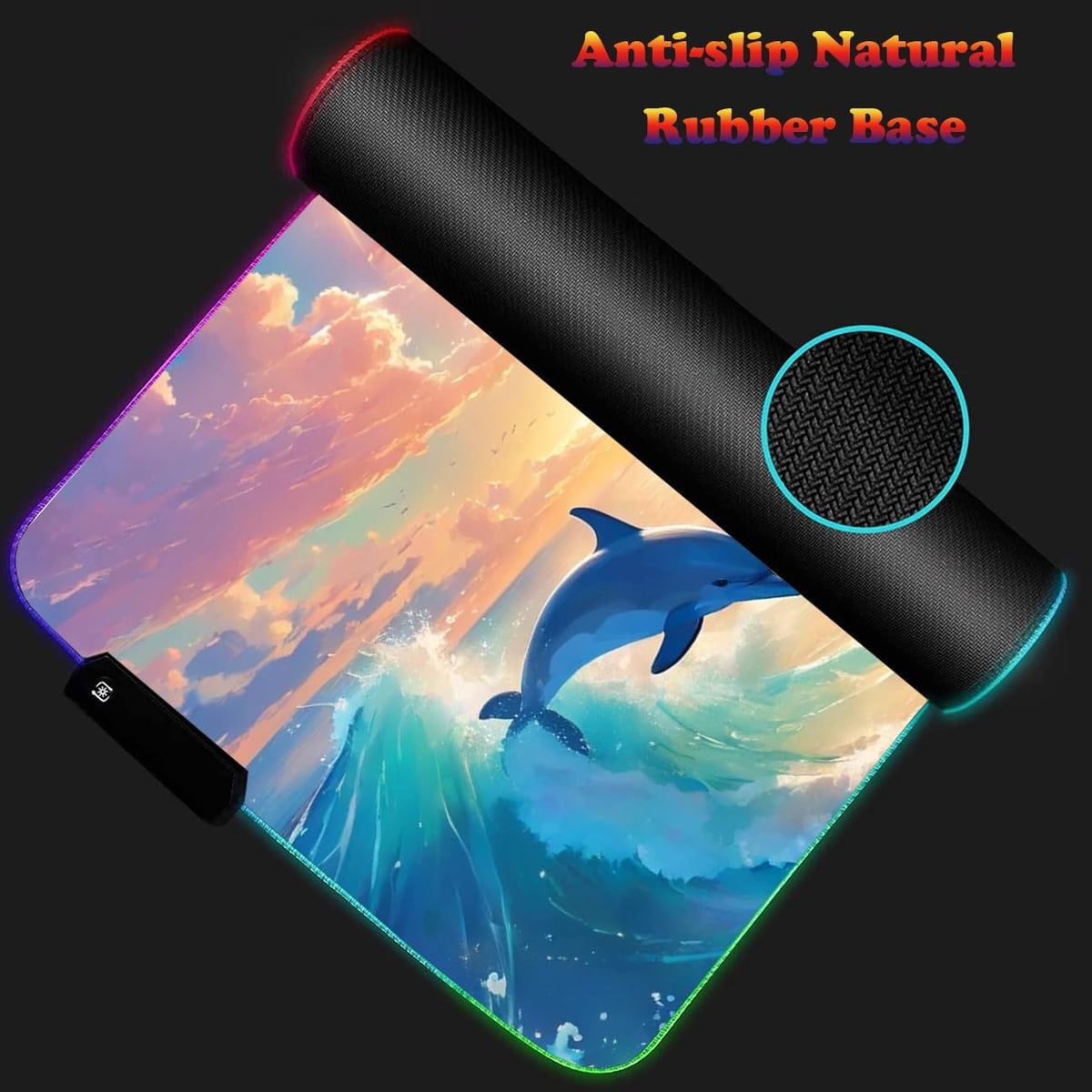 RGB Large Gaming LED Light Edge Mouse Pad + Wrist Rest + Coaster, Non-Slip Extended Waterproof Desk Mat with Stitched Edges 31.5"x11.8" for Work and Gaming, Dolphins in The Moonlight