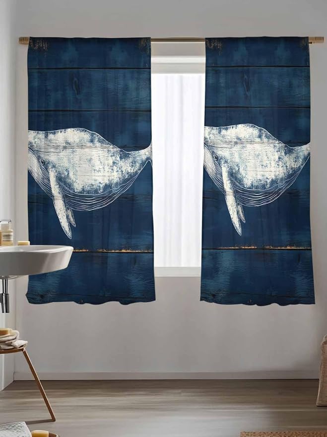 Sheer Curtains 72 Inches Long, Summer Whale Semi Sheer Curtains Light Filtering