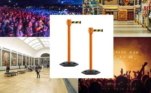 Montour Line MSR760 Set of 2 Retractable Belt Barrier Stanchion, Rubber Base, Orange Post (35 ft Purple Belt)