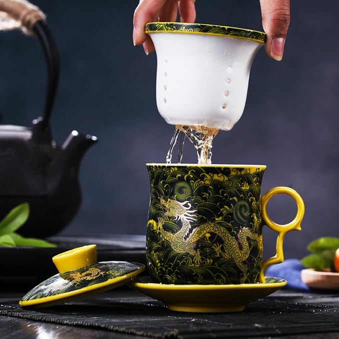 Porcelain Tea Cup with Infuser Lid and Saucer Sets