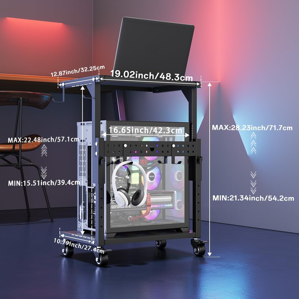 Computer Tower Stand, 6 Level Height Ajustable PC Tower Stand for Floor, Mobile Rolling CPU Holder Cart for Gaming Office Home,21.34"-28.3", Black