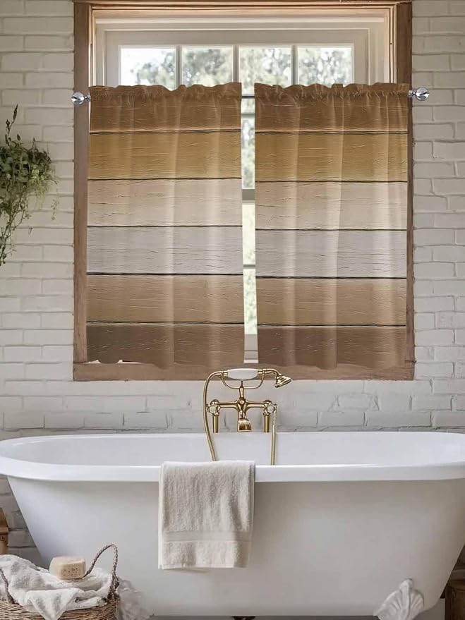 Vintage Brown Gradient Wood Grain Window Valance Curtains, Farmhouse Wood Barn