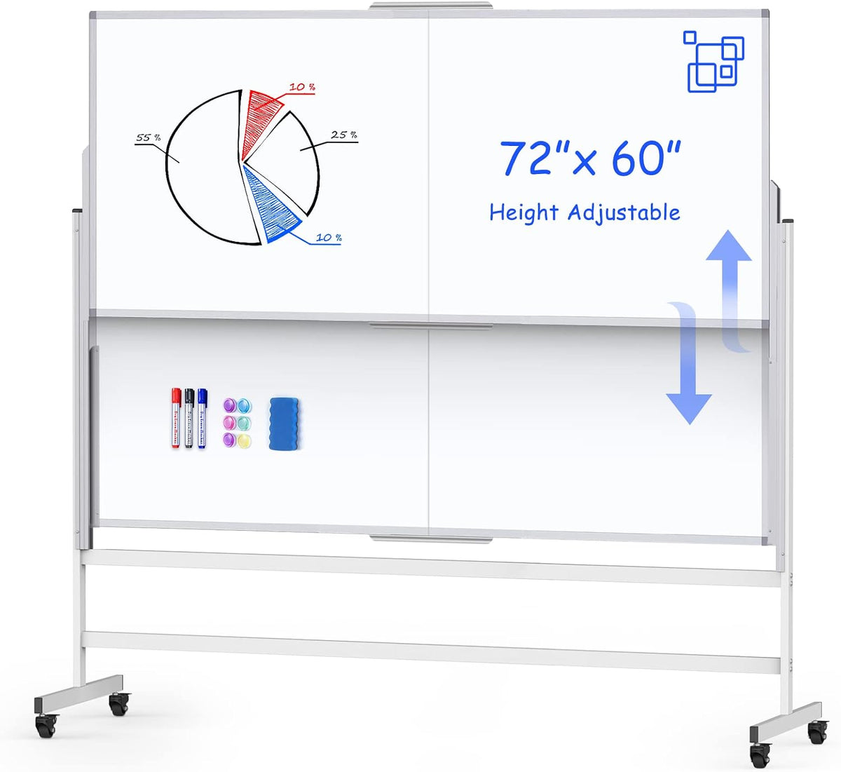 Maxtek Double-Sided Rolling White Board on Wheels 72x60, Height Adjustabled