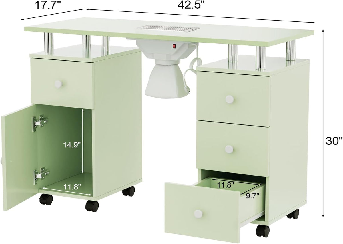 OmySalon Manicure Table Nail Desk for Nail Tech, Nail Table Station w/Electric Dust Collector, Makeup Beauty Salon Storage Acetone Resistant w/Lockable Wheels,Wrist Cushion,4 Drawers&Cabinet(Green)