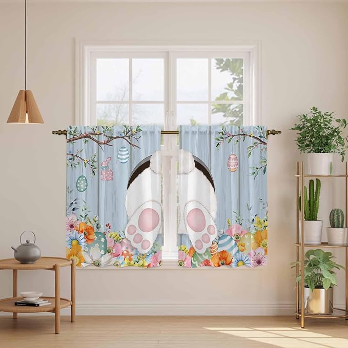 Easter Kitchen Tier Curtains 45 Inch Long 2 Panel Set, Rod Pocket Short Window