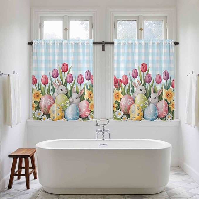 Easter Kitchen Tier Curtains 45 Inch Long 2 Panel Set, Rod Pocket Short Window