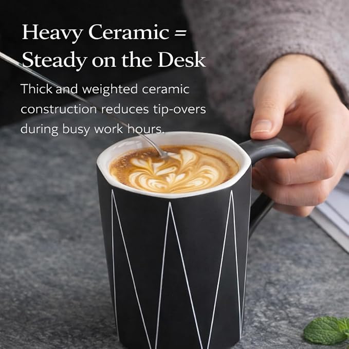Ceramic Coffee Mug with Lid and Spoon, 13 oz Thick Heavy Coffee Cup