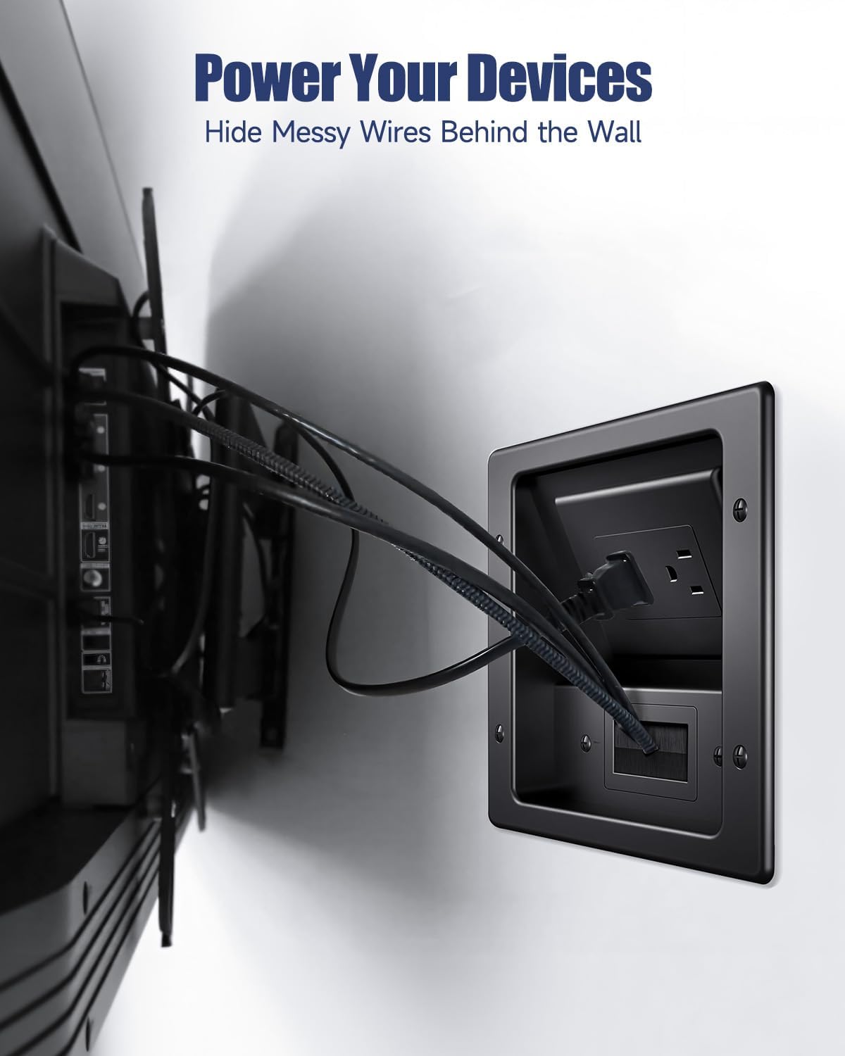 ZEXMTE in Wall Cable Management Kit, Wall Cable Concealer Kit for TV, Recessed Outlet for Low Voltage Cables, Cord Hider Fits All Plugs for Wall Mounted TV & Cable Pass Through, Black