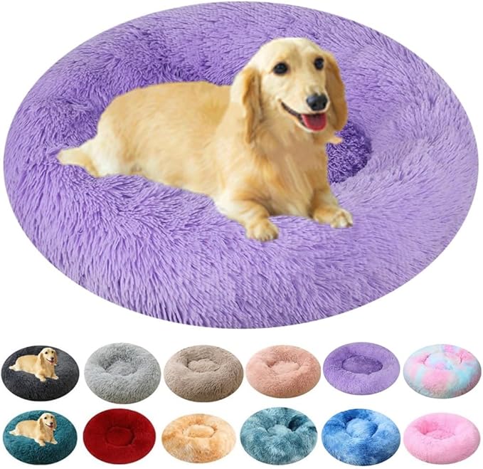 Large Calming Dog Bed, 40 Inch Anti-Anxiety Donut Cuddler Cat Bed, Warming Cozy Soft Dog Round Bed, Fluffy Faux Fur Machine Washable Pet Cushion for Medium Large Dogs & Cats (Purple)