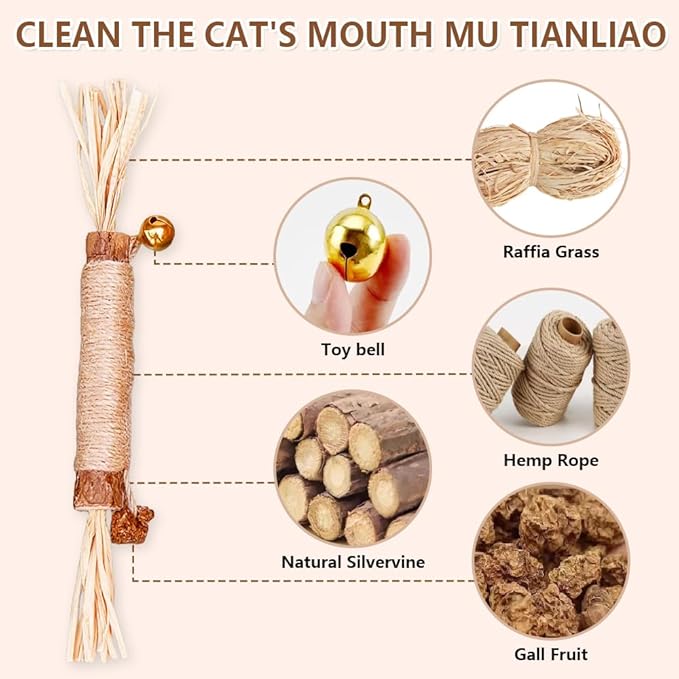 Natural Dried Matatabi Cat Chew Stick with Gall Fruit, Raffia Grass & Bell Cat Ball Toys, Handmade Silvervine Sticks Interactive Catnip Toys for Teething & Entertainment (Size L Color A)