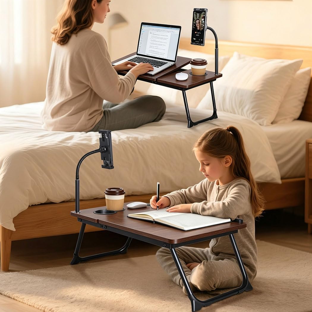 wishacc Lap Desk for Bed, Foldable Laptop Bed Tray Table with Independent Adjustable Tablet & Phone Stand, Portable Work from Couch Desk Tray with Mouse Area, Computer Laptop Holder for Recliner Sofa