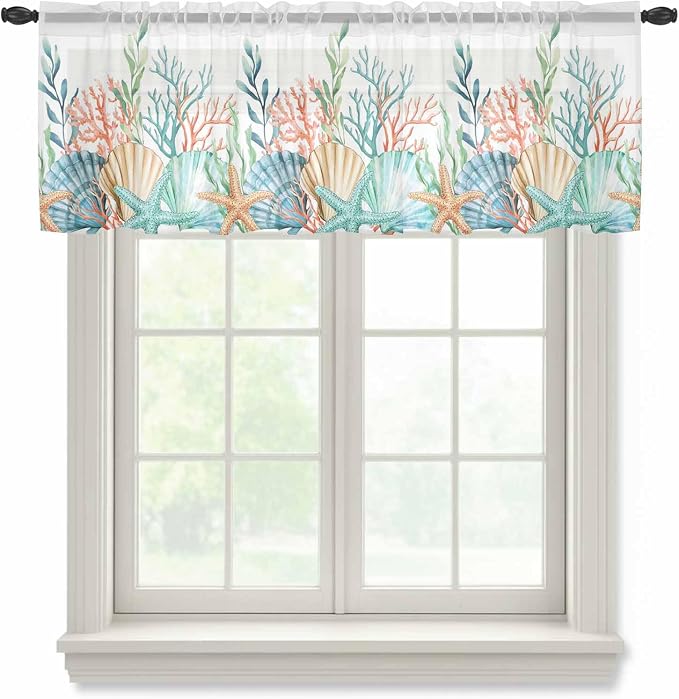 Summer Beach Sheer Valance Curtains, Ocean Colorful Coral Shell Seaweed