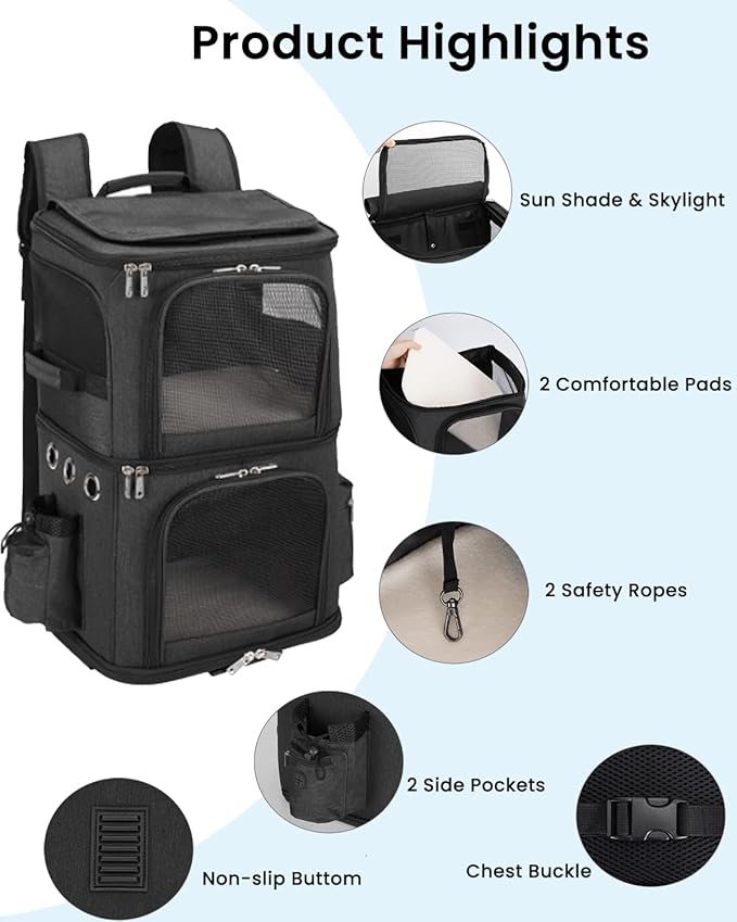 Double-Compartment Pet Carrier Backpack for 2 Cats or Small Dogs, Dual Travel Dog Cat Carrier wih Breathable Mesh Windows, Fits Pets up to 20 lbs, Perfect for Traveling/Hiking/Camping, Black