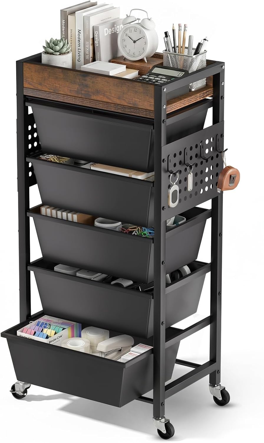 6 Tier Rolling Cart with Drawers, Plastic Drawer Storage Craft Cart with Pegboards & Hooks, Metal Utility Cart with Wheels & Wooden Tabletop, Classroom Office Art Supply Organizers and Storage, Black