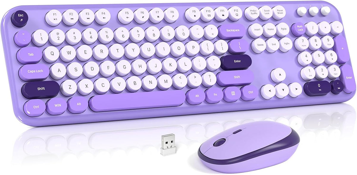 Wireless Keyboard and Mouse Combo, MOWUX Full Size Typewriter Retro Round Computer Keyboard, Cute Optical Mouse Wireless, Plug and Play, for Laptop, PC, Computer- Violet Field