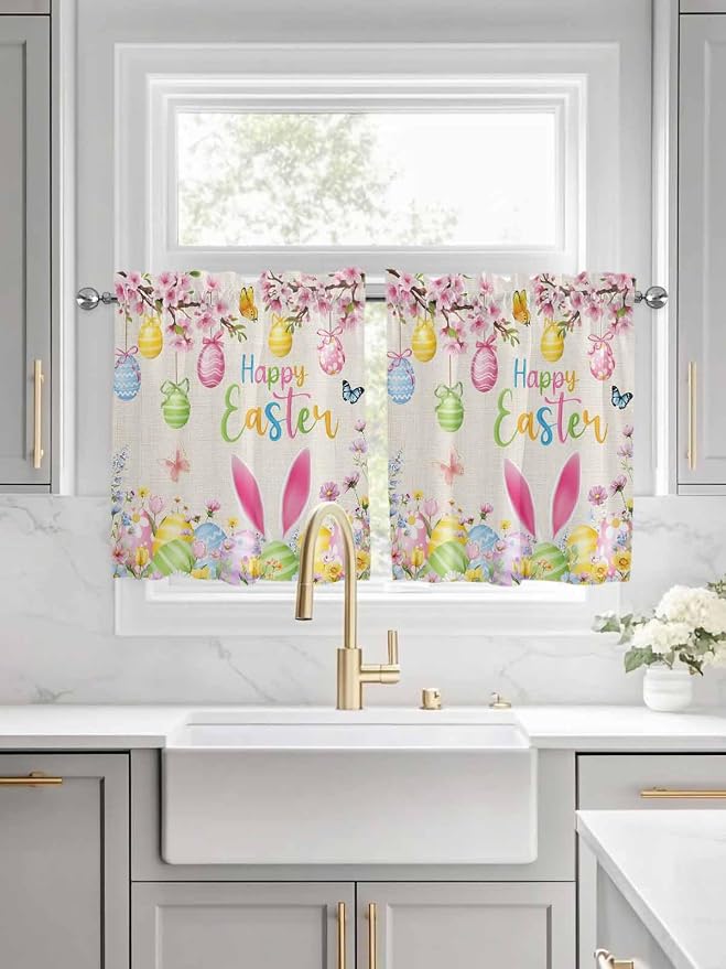 Happy Easter Half Window Curtains 24 Inches Long, Spring Farmhouse Bunny Eggs