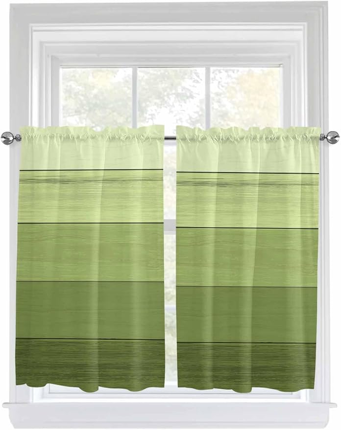 Gradient Green Wooden Board Window Valance Curtains, Retro Country Wood Grain