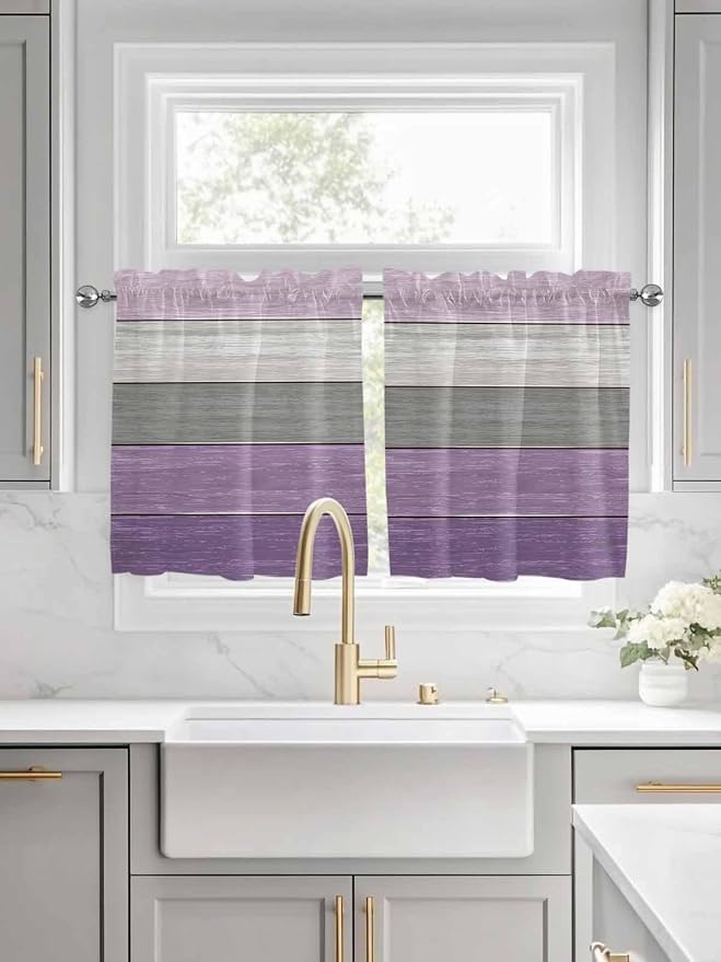 Country Wood Board Gray Purple Window Valance Curtains, Farmhouse Gradient