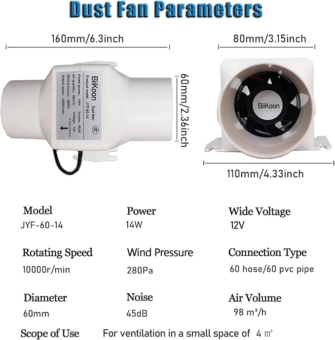 12V Inline Duct Fan Mini Attic Vent Booster 2.4“ 60Mm 58Cfm Variable Exhaust