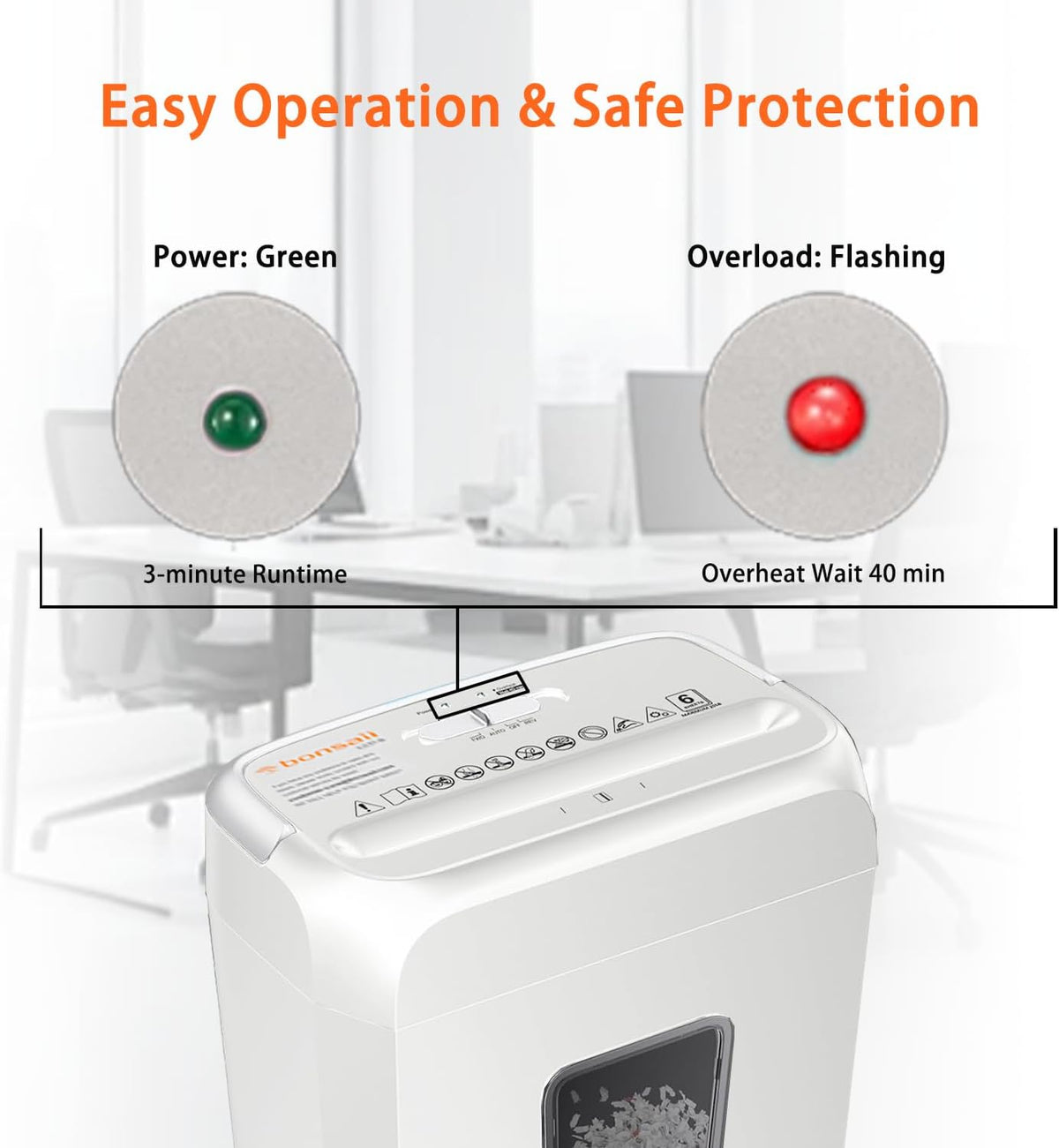 Bonsaii Low Noise Operation Paper Shredder, 6-Sheet Cross-Cut, Credit Card Shredder, Home Office, Handle for Document, Mail, Staple, 3.4 Gal Wastebasket, Easy-Carry Handle, White