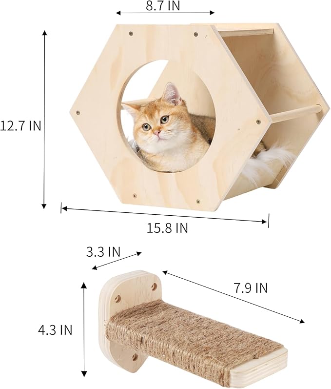 KATRIS Cat Shelves with 3 Steps Scratcher Post & Hammock, Wall Mounted Climbing Shelf for Indoor Cats (Wood)