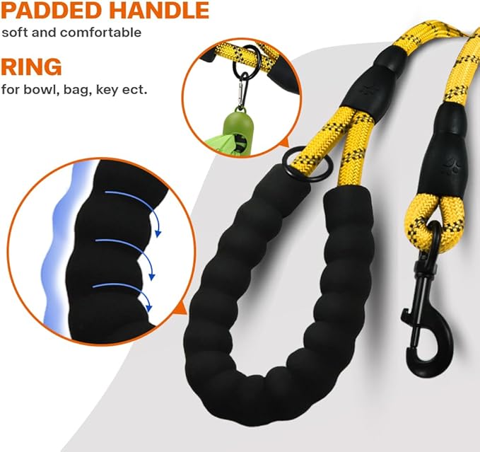 Taglory Rope Dog Leash 4 FT with Comfortable Padded Handle, Highly Reflective Threads Leash and Anti-Tangle Clip for Walking Medium Large Dogs, 1/2 inch, Yellow