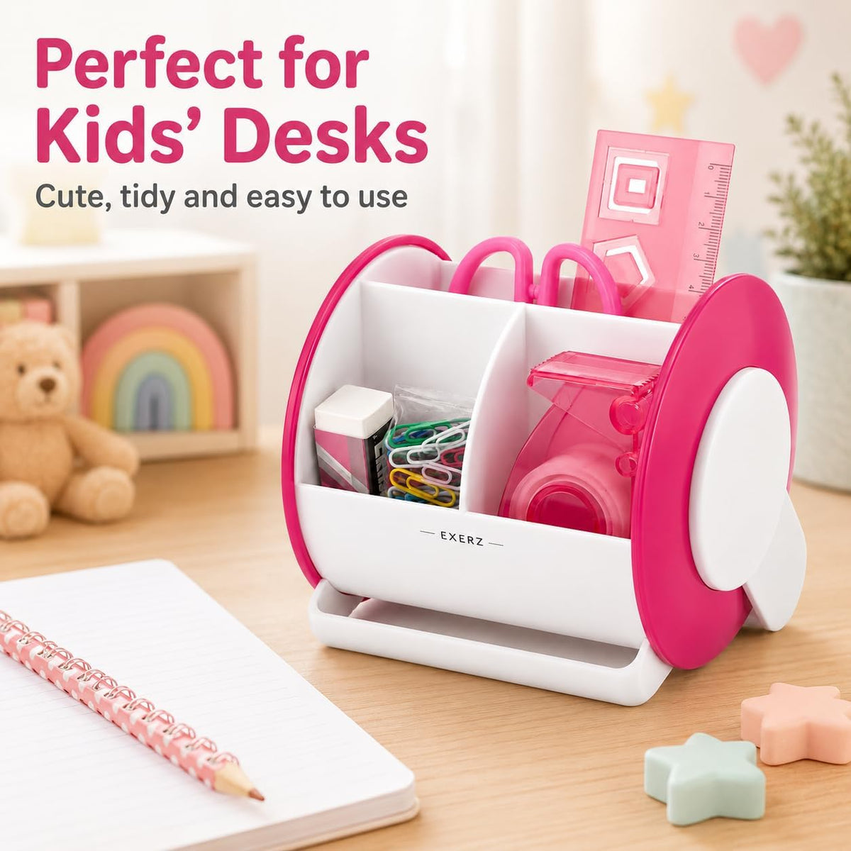 Exerz Ex8986 O-Life 90 Degree Rotary Desk Organiser with Stationery Set - Safety Scissors (Not Sharp), Rulers, Tape Dispenser, Eraser, Clips Included - Medium Size Stationery Organiser (Pink)